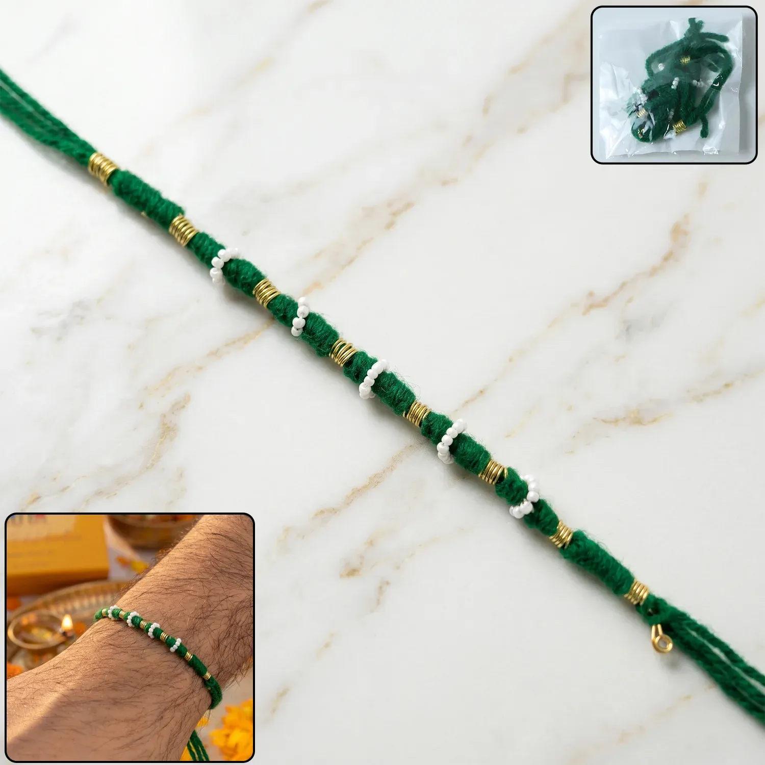 Premium Traditional Green Pearl Beaded Rakhi – Handmade Festive Bracelet - Buy Online at Alikart