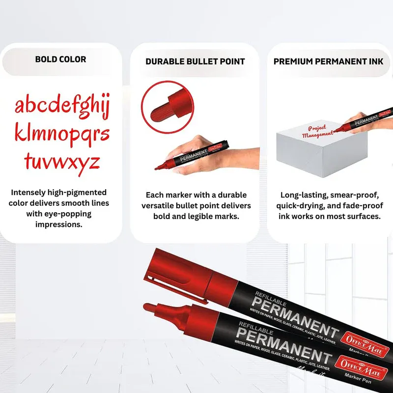 Refillable Red Permanent Marker Pens – Durable Bullet Tip, 10 Pack - Detailed Feature View 3