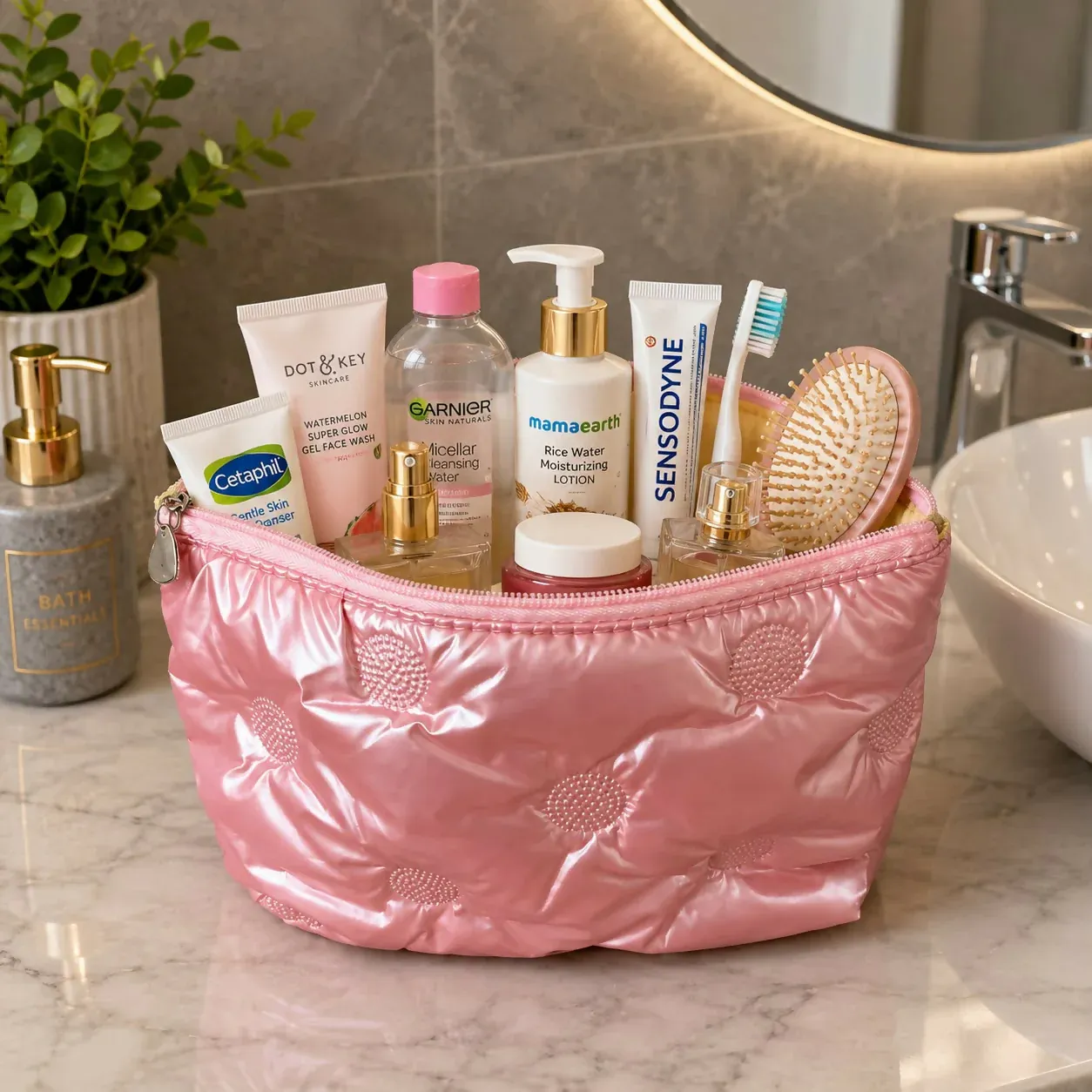 Metallic Multipurpose Makeup & Toiletry Organizer Pouch with Zipper – Pink