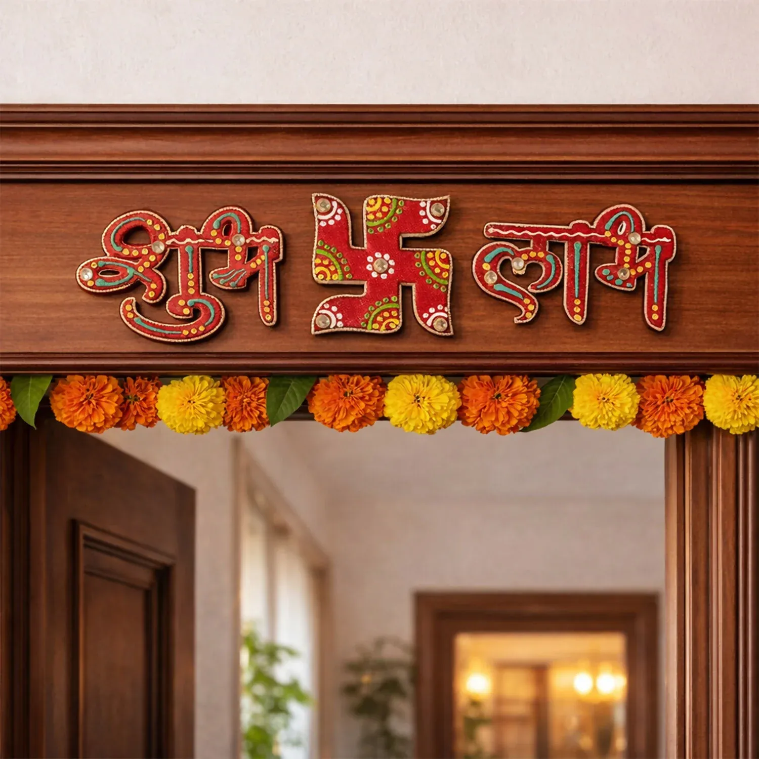 Shubh Labh Swastik Set – Hand Crafted Decorative Trio for Positivity - Detailed Feature View 2