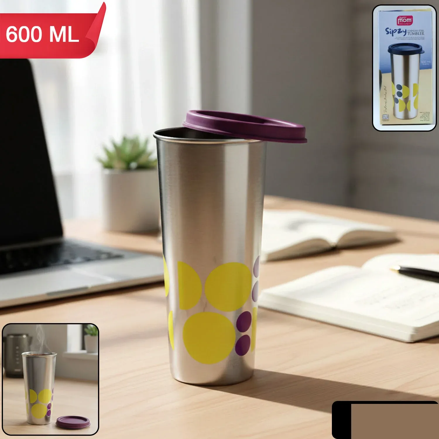 Stainless Steel Travel Tumbler 600 ML – Spill-Proof & Ergonomic - Detailed Feature View 1