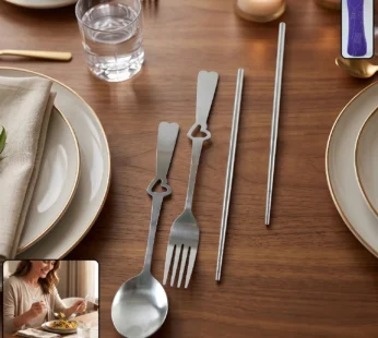 Portable Stainless Steel Cutlery Set with Spoon Fork Chopsticks Pouch (4 Pc Set)