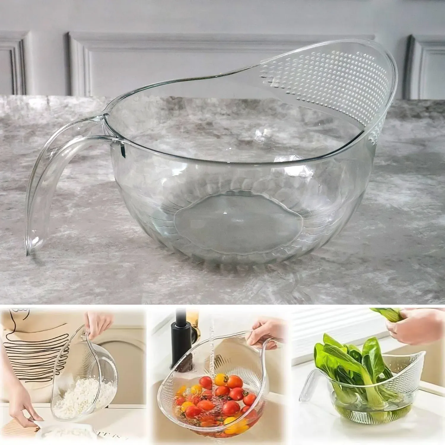 Transparent Plastic Bowl with Handle – Large Multipurpose Kitchen Basket - Detailed Feature View 3