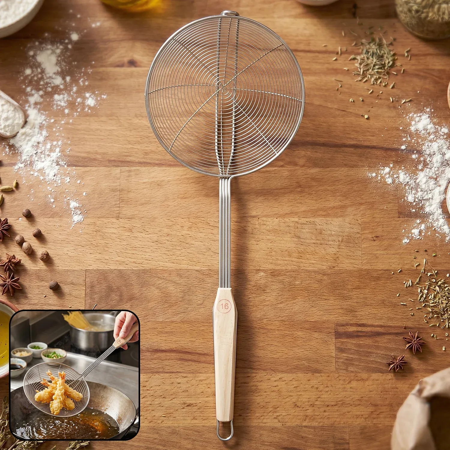 Premium Stainless Steel Frying Skimmer – Long Handle for Safe Cooking - Buy Online at Alikart