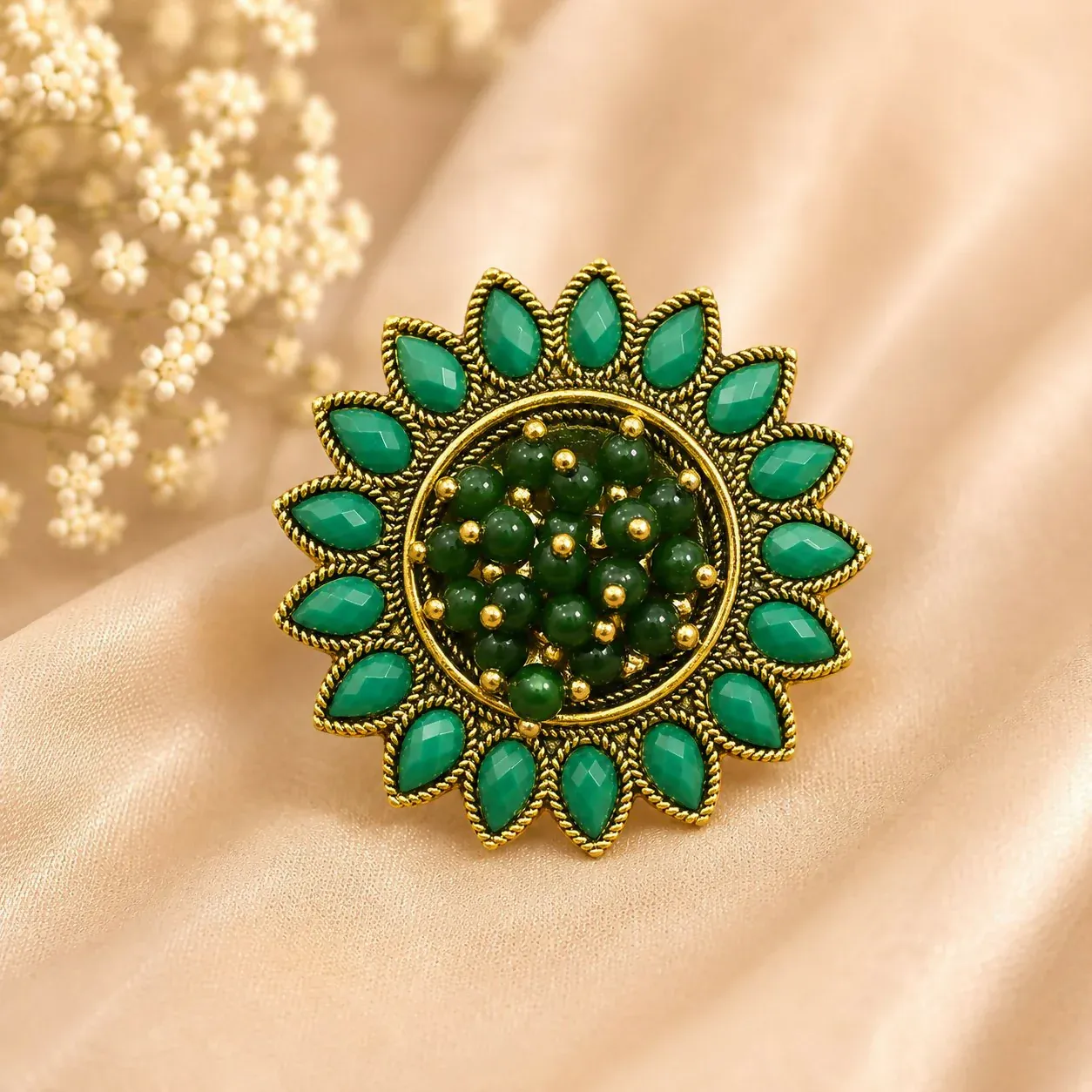 Premium Luxury Green Crystal Flower Ring for Women | Party Wear - Buy Online at Alikart