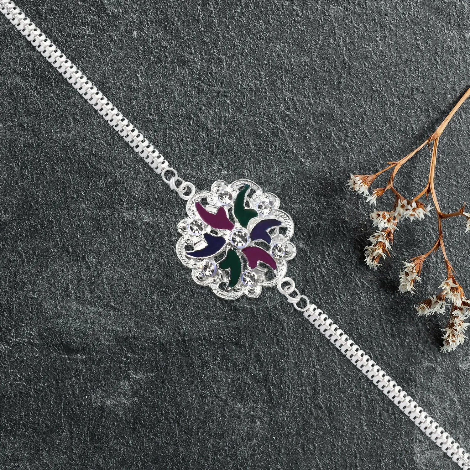 Floral Enamel Rakhi Bracelet – Elegant Multi-Strand Design - Detailed Feature View 2