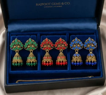 Matte Gold Jhumka Earrings Festive Combo Set of 3 Pairs in Emerald Ruby Blue Shades