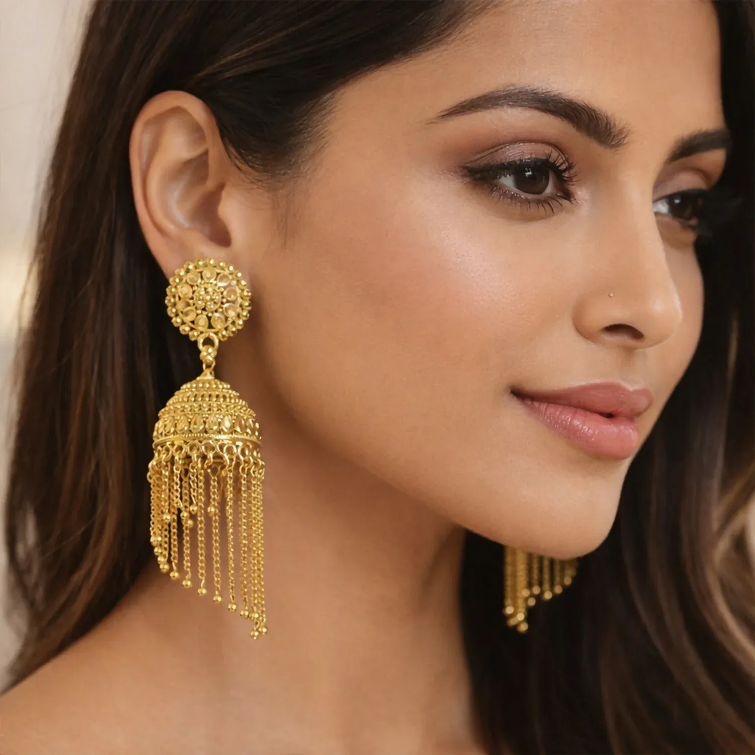 Traditional Gold Tone Jhumka Earrings – Elegant Festive Style - Detailed Feature View 2