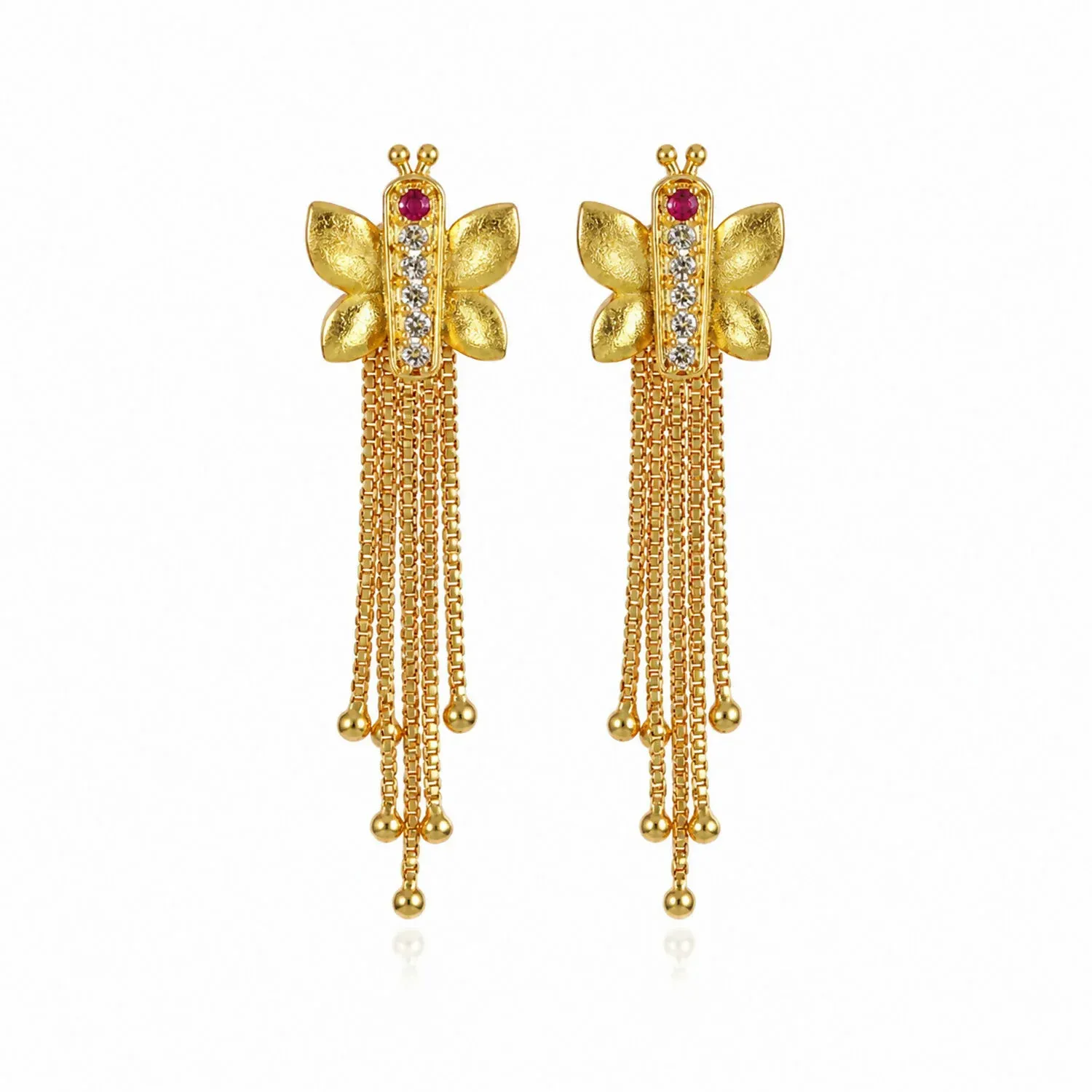 Gold Insect-Shaped Dangle Earrings, Multi-Strand Chain Tassels & Fl... - Detailed Feature View 4