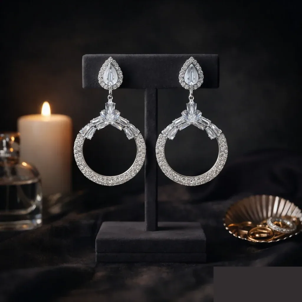 Premium Statement Earrings – Elegant Silver-Tone Circular Design for Festive Looks - Buy Online at Alikart