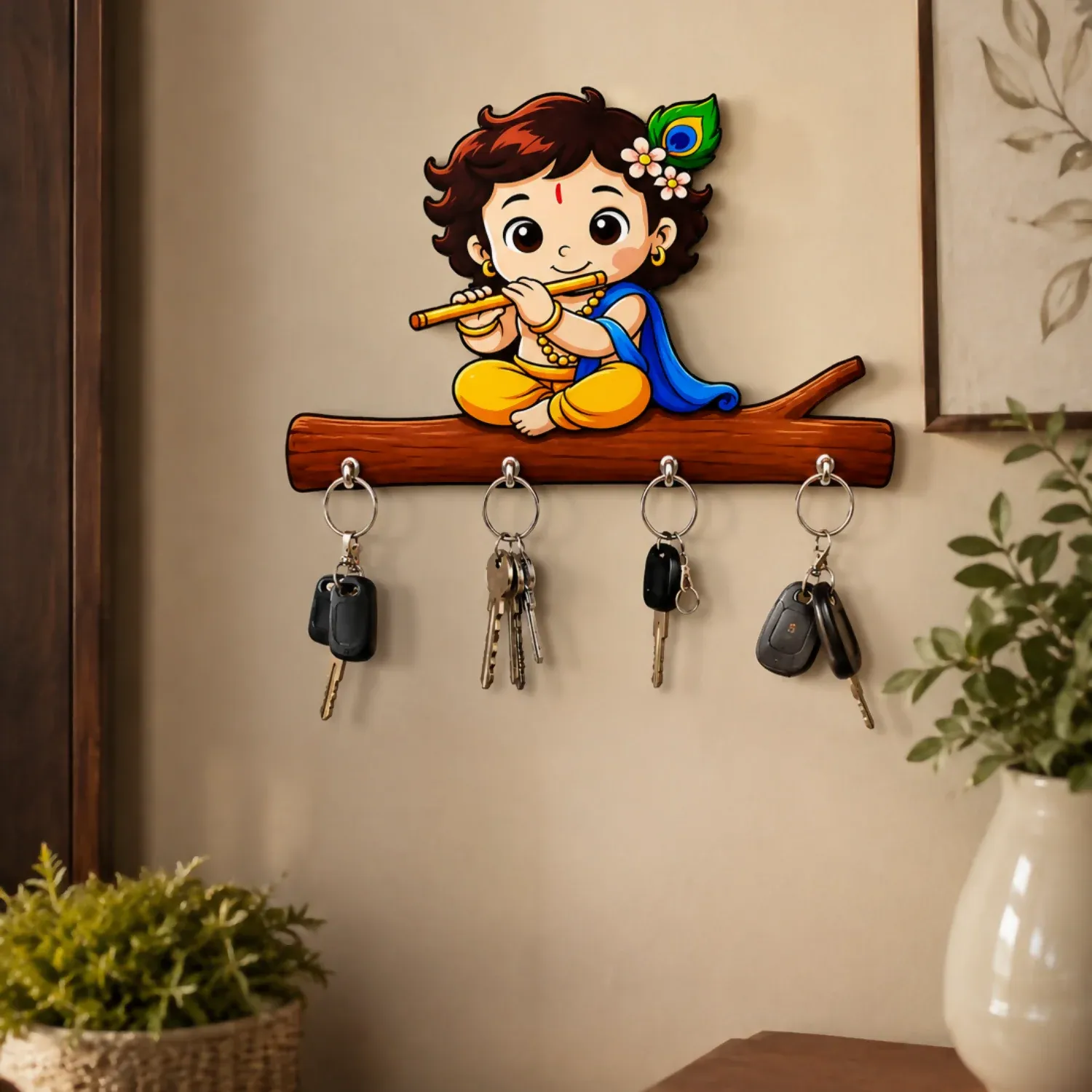 Premium Baby Krishna Wooden Wall Key Holder – Elegant Decor & Organization - Buy Online at Alikart