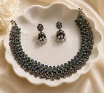 Oxidized Choker Necklace Set With Pearl Drop Jhumka Earrings For Women
