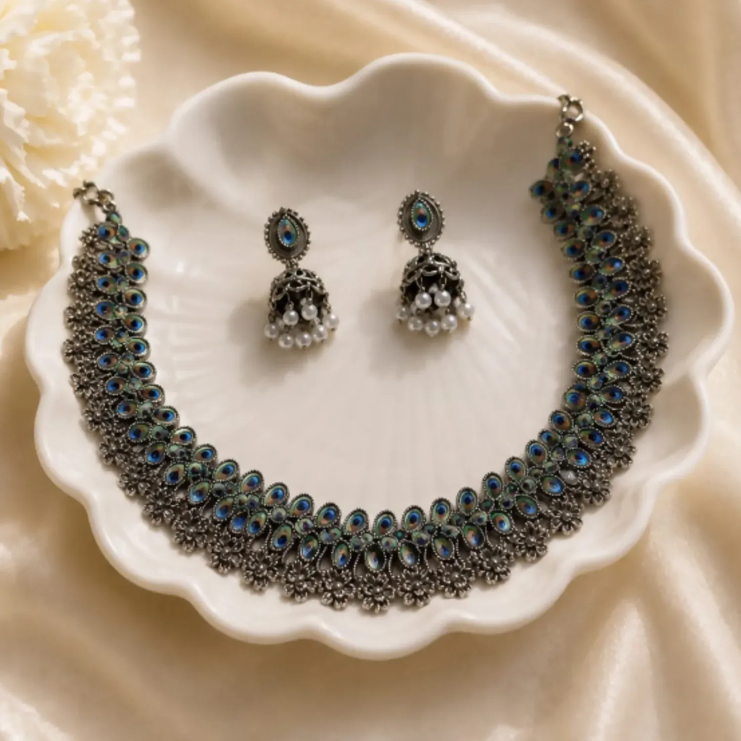 Premium Oxidized Choker Necklace Set With Pearl Drop Jhumka Earrings For Women - Buy Online at Alikart