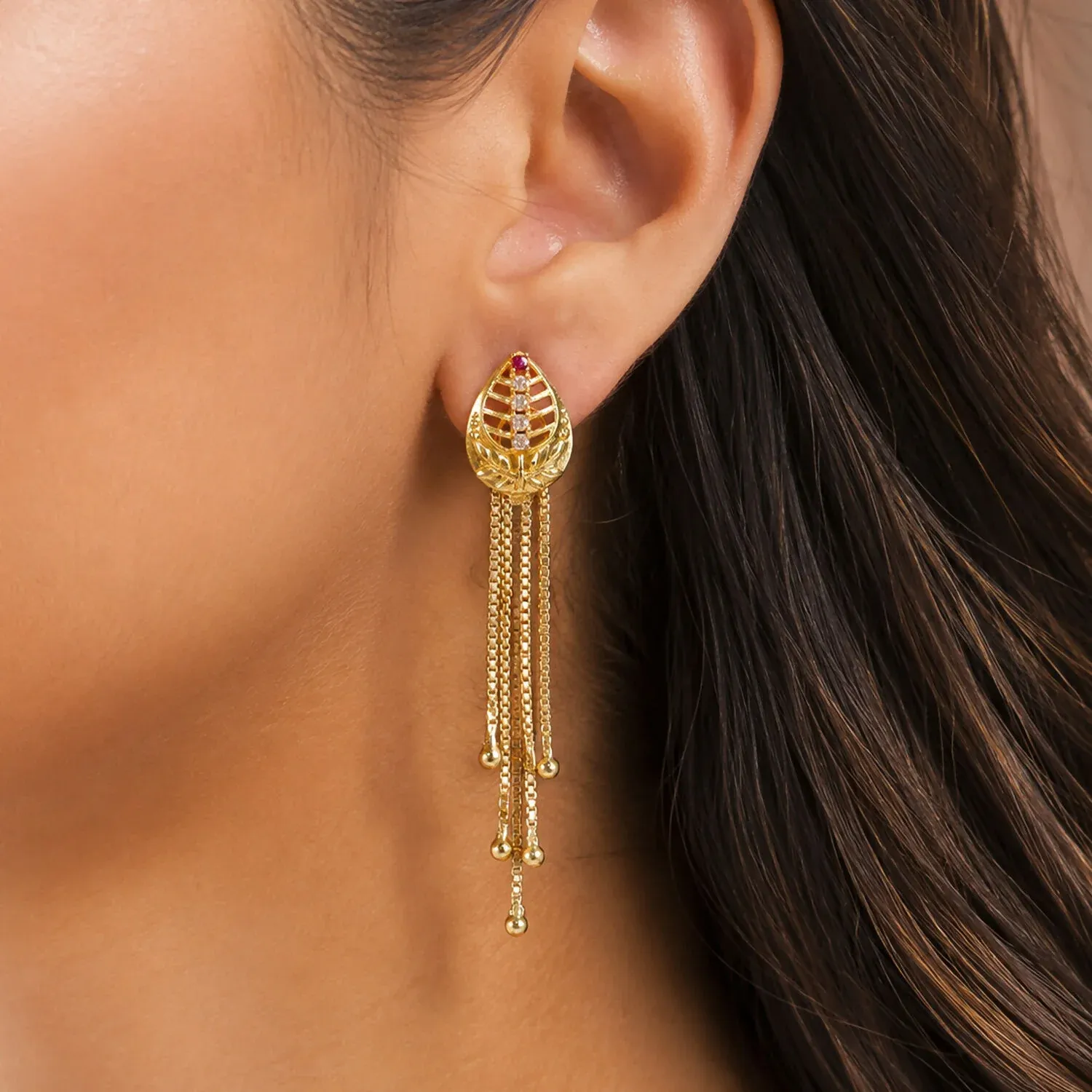 Gold Leaf-Shaped Dangle Earrings, Multi-Strand Chain Tassels & Grad... - Detailed Feature View 1
