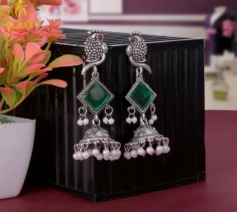 Green Stone Jhumka Earrings – Oxidised Silver Parrot Design