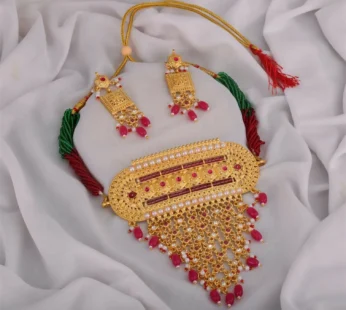 Rajwadi Aad Necklace Set – Handcrafted Rajasthani Ruby & Pearl Jewellery