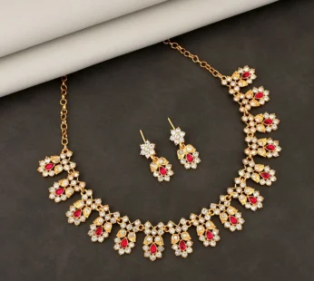 Gold-Toned Ruby & American Diamond Floral Necklace Set – Elegant Design