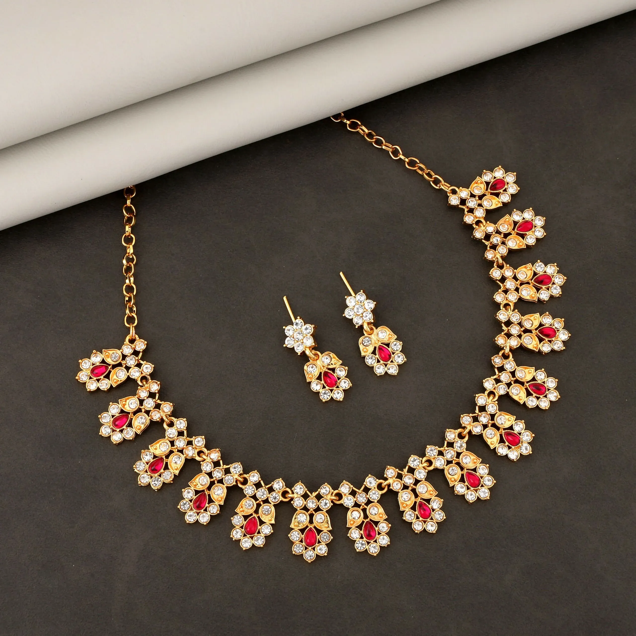 Premium Gold-Toned Ruby & American Diamond Floral Necklace Set – Elegant Design - Buy Online at Alikart