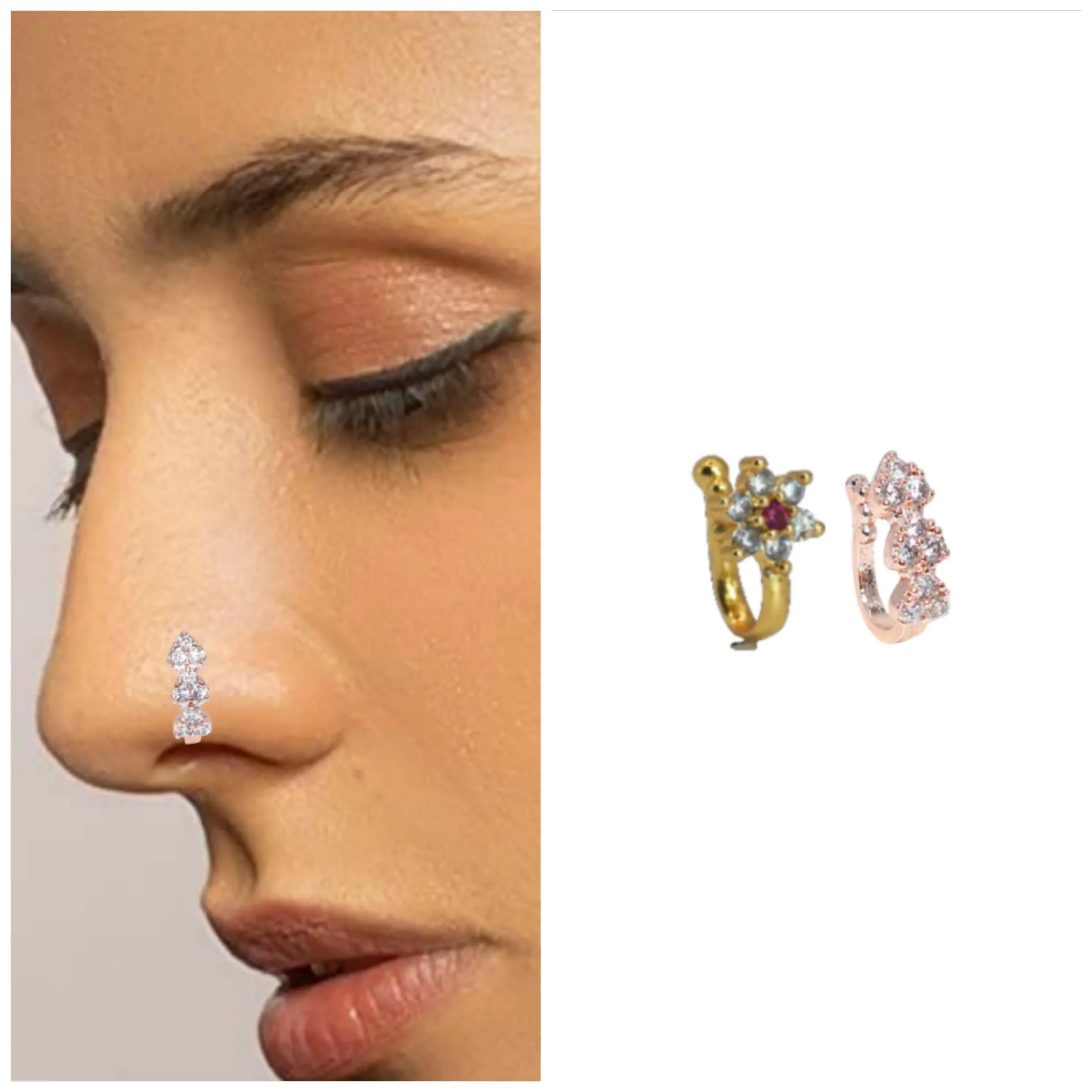 Premium Triple Cluster No Piercing Nose Ring - Gold & Rose Gold Combo Pack - Buy Online at Alikart