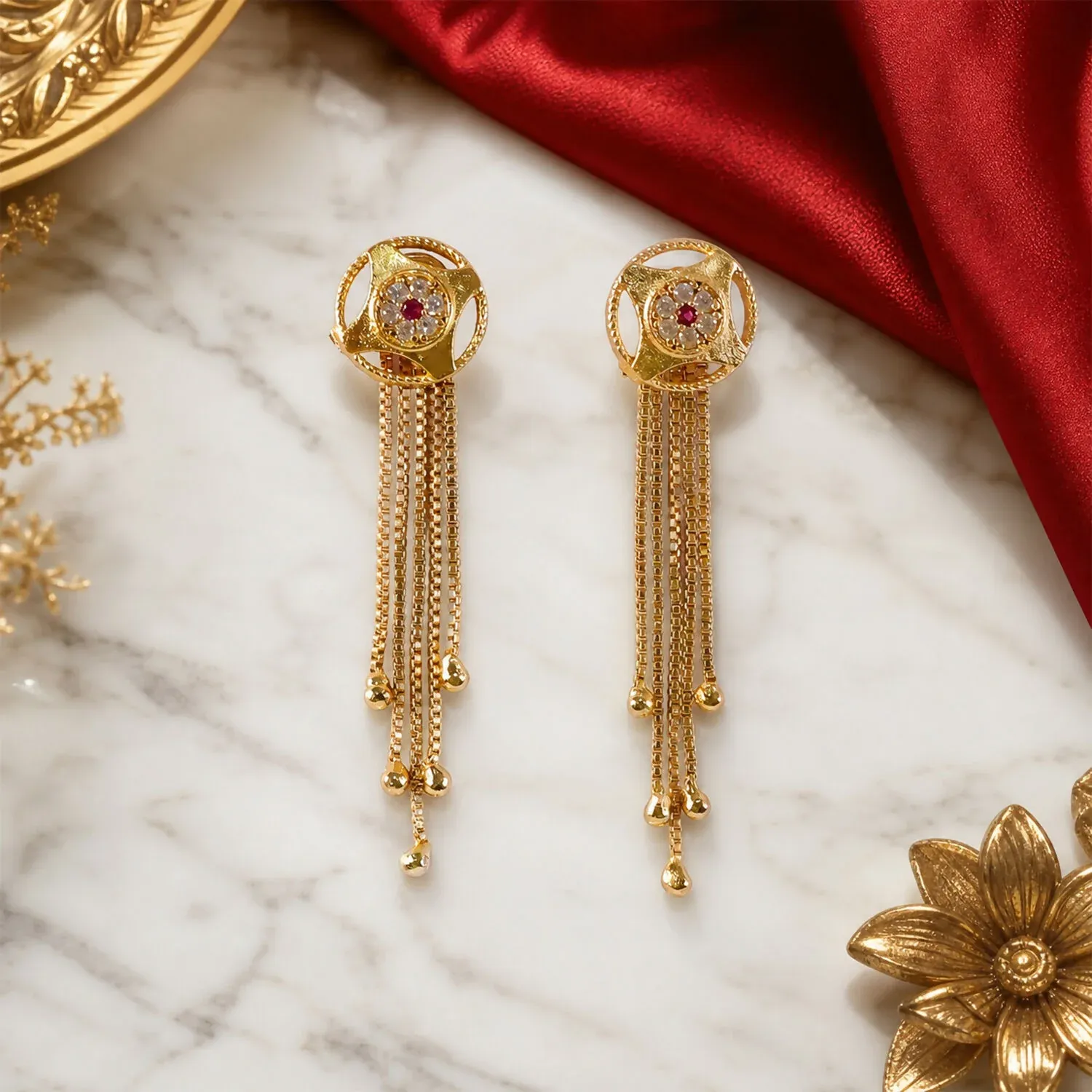 Gold Circular Dangle Earrings – Ruby Gemstone Tassels - Detailed Feature View 2
