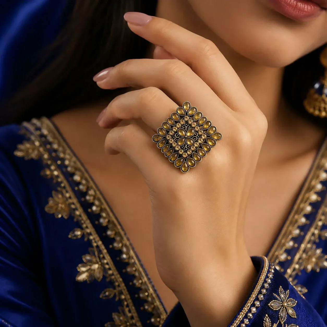 Premium Luxury Vintage Crystal Cocktail Ring – Elegant Ethnic Accessory - Buy Online at Alikart