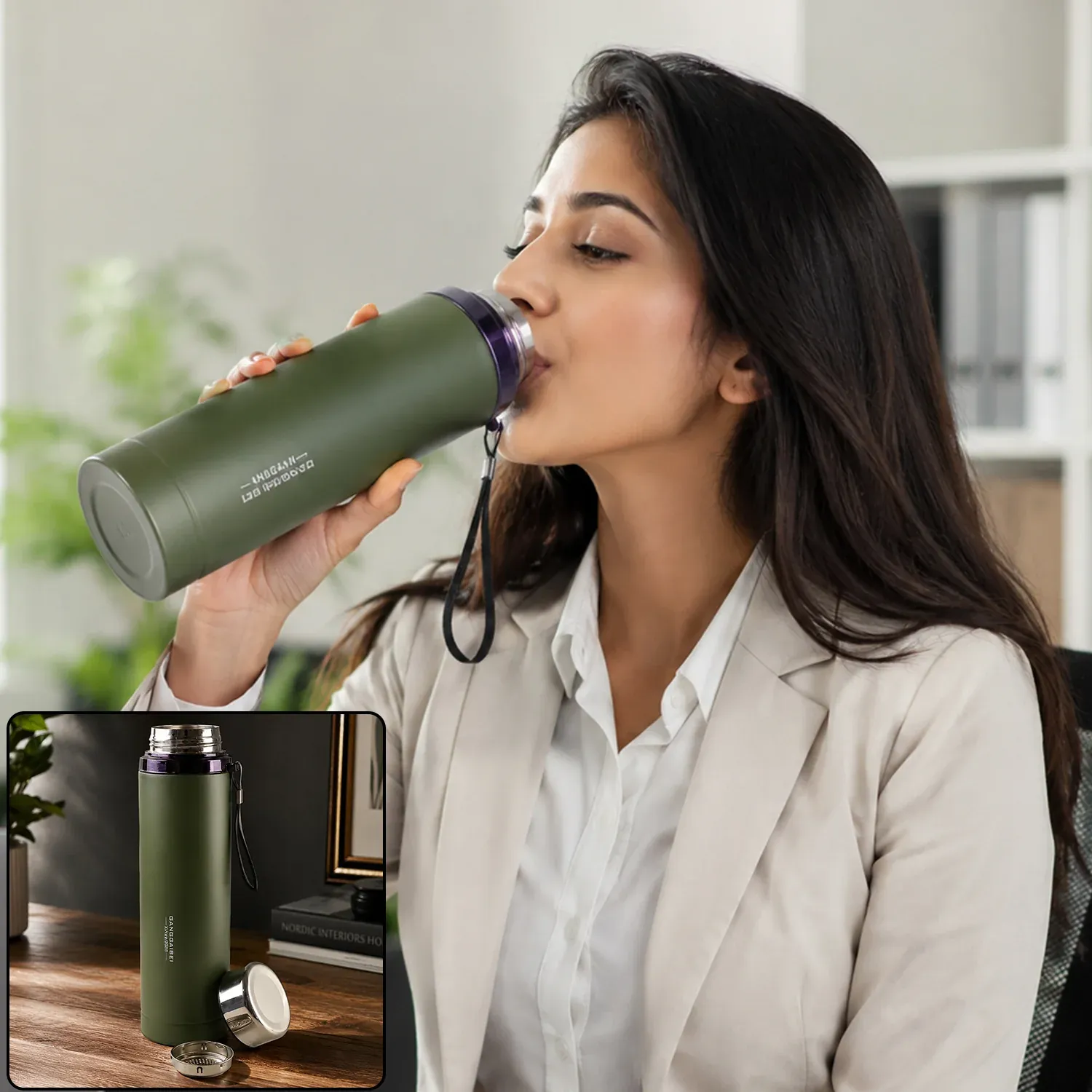 Premium Vacuum Insulated Water Bottle 1000ml, Steel Hot and Cold Flask with Cup Lid (1 Pc) - Buy Online at Alikart