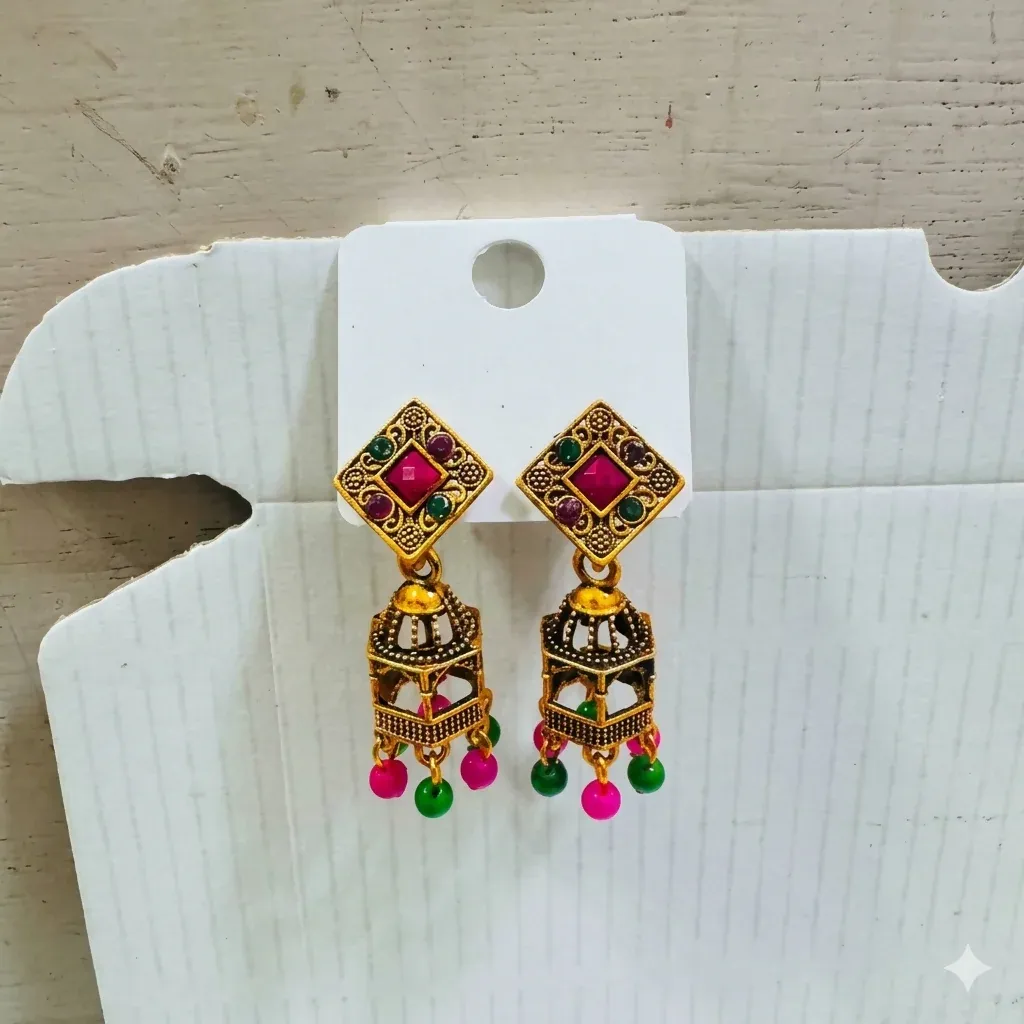 Traditional Antique Gold-Plated Square Geometric Cage Jhumka Earrings - Detailed Feature View 3
