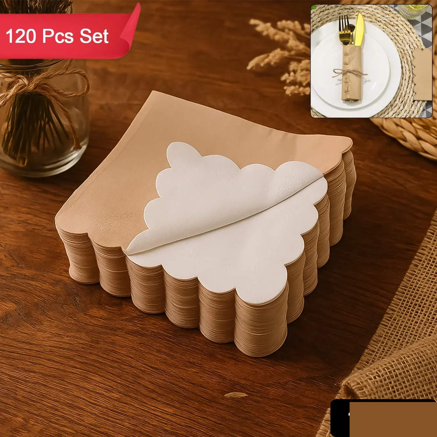 Scalloped Edge Tissue Napkins – Elegant 120 Pc 2-Ply Set - Detailed Feature View 1