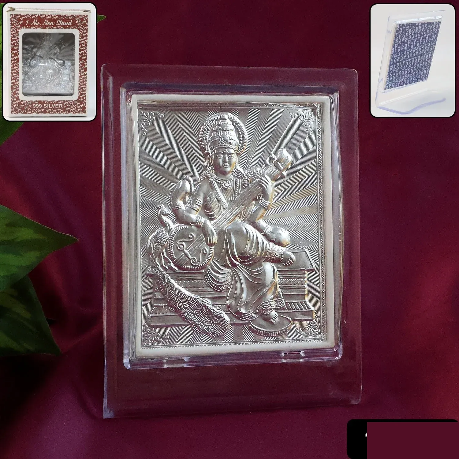 Silver Saraswati Maa Photo Frame – Elegant Spiritual Decor - Detailed Feature View 1