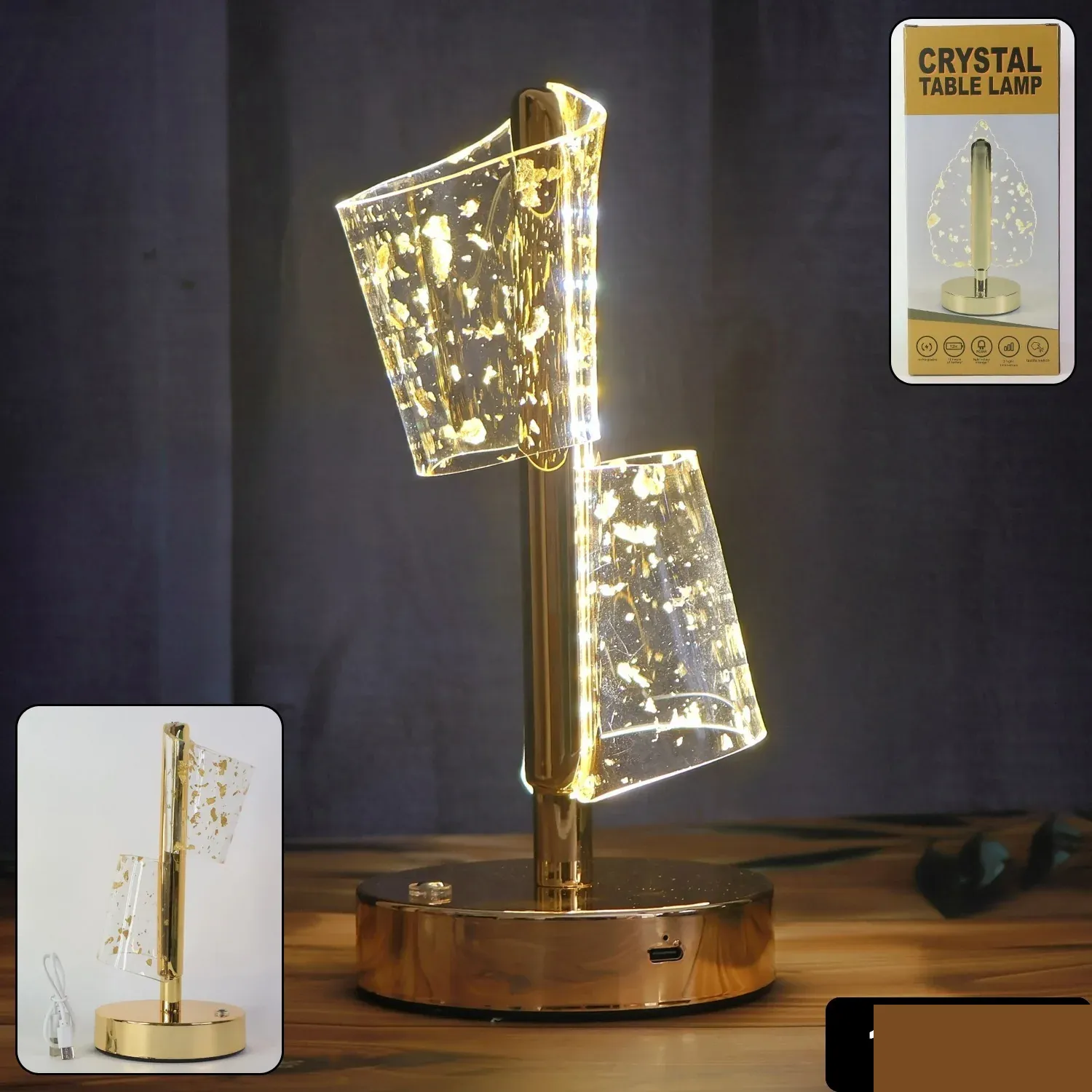 Golden Crystal LED Double Shade Table Lamp – Elegant USB Charging Light - Detailed Feature View 1