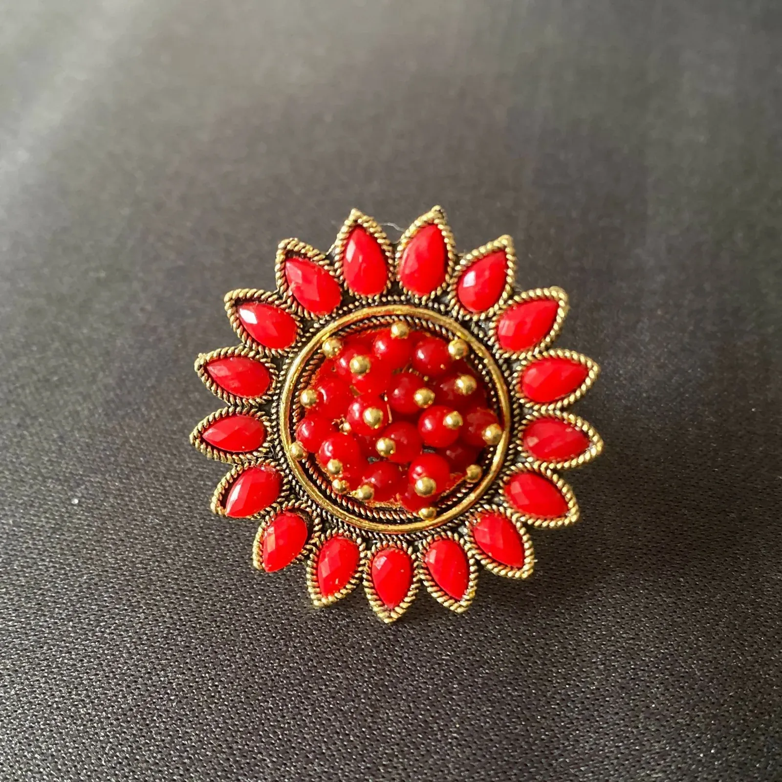 Elegant Red Floral Statement Ring for Women | Vintage Gold Finish - Detailed Feature View 3