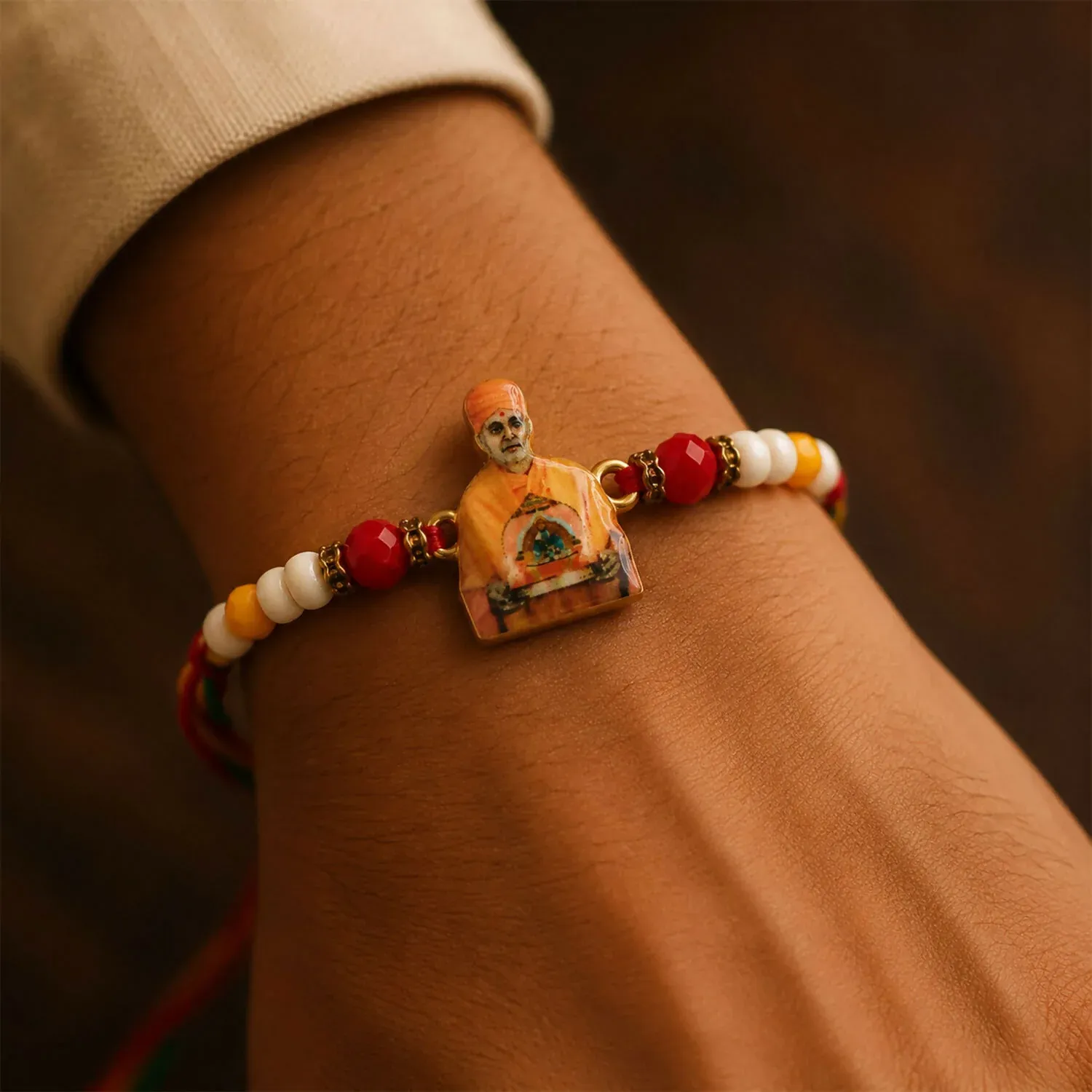 Spiritual Pramukh Swami Maharaj Devotional Rakhi for Brother, Beaded Thread Gift - Detailed Feature View 3