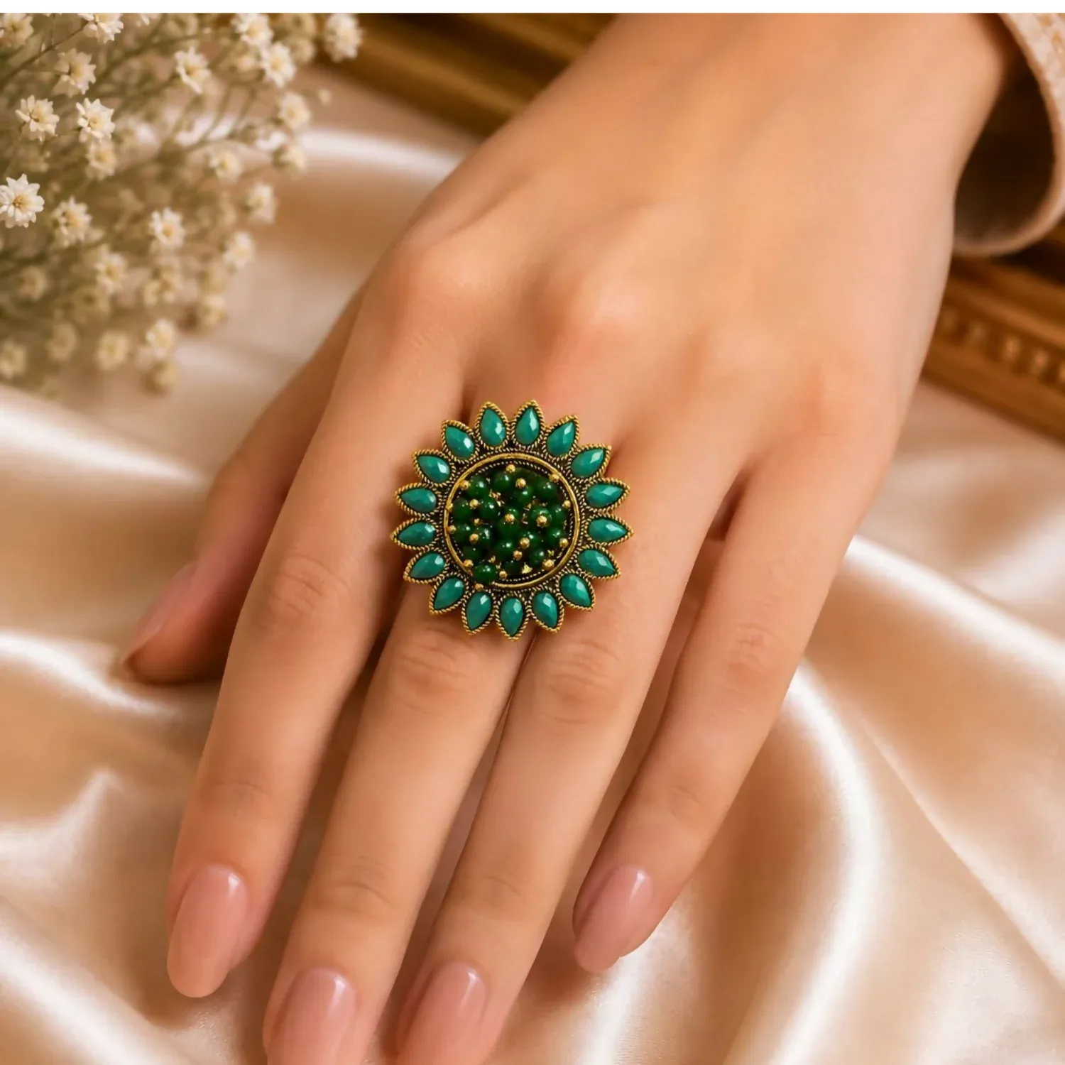Luxury Green Crystal Flower Ring for Women | Party Wear - Detailed Feature View 1
