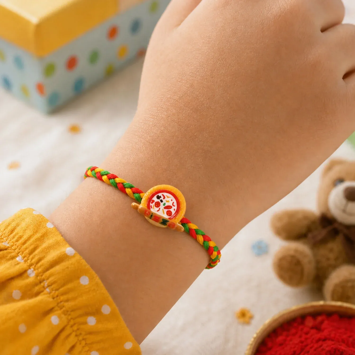 Kids Rakhi – Fun Multicolor Thread with Pizza Charm for Brother - Detailed Feature View 1