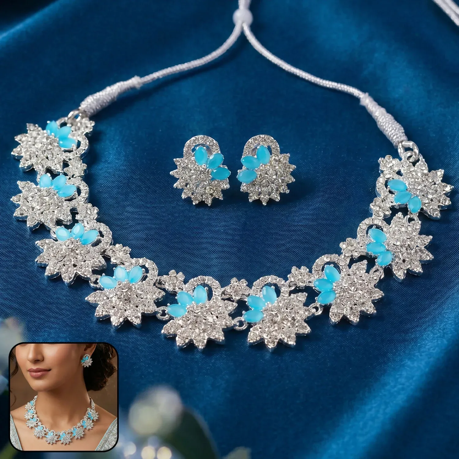 Premium Silver-Plated Necklace Set – Elegant Blue Gemstone Design - Buy Online at Alikart