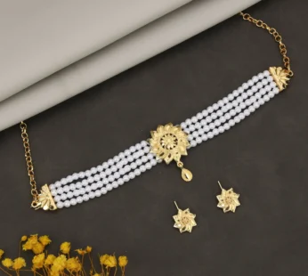 Ruby Crystal Choker – Elegant Gold-Tone Necklace with Pearl Drops