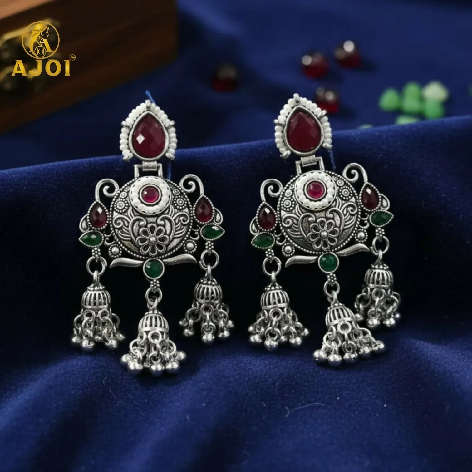 Ruby Chandbali Earrings – Ethnic Designer Jhumka with Pearls - Detailed Feature View 2