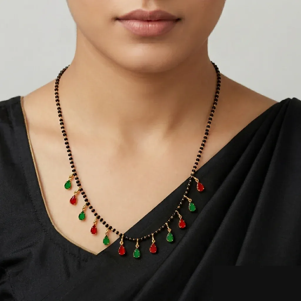 Traditional Red & Green Drop Charm Mangalsutra Necklace for Women Daily Wear - Detailed Feature View 1