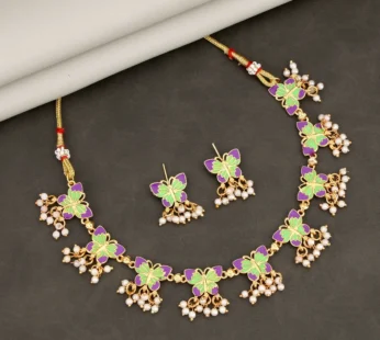 Butterfly Choker Necklace Set – Purple Green Enamel with Pearl Drops
