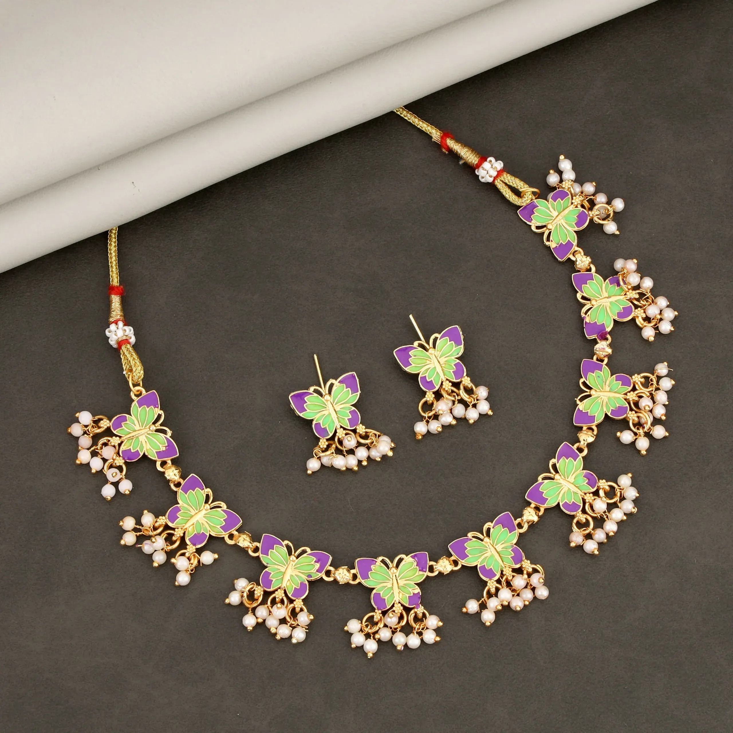 Premium Butterfly Choker Necklace Set – Purple Green Enamel with Pearl Drops - Buy Online at Alikart