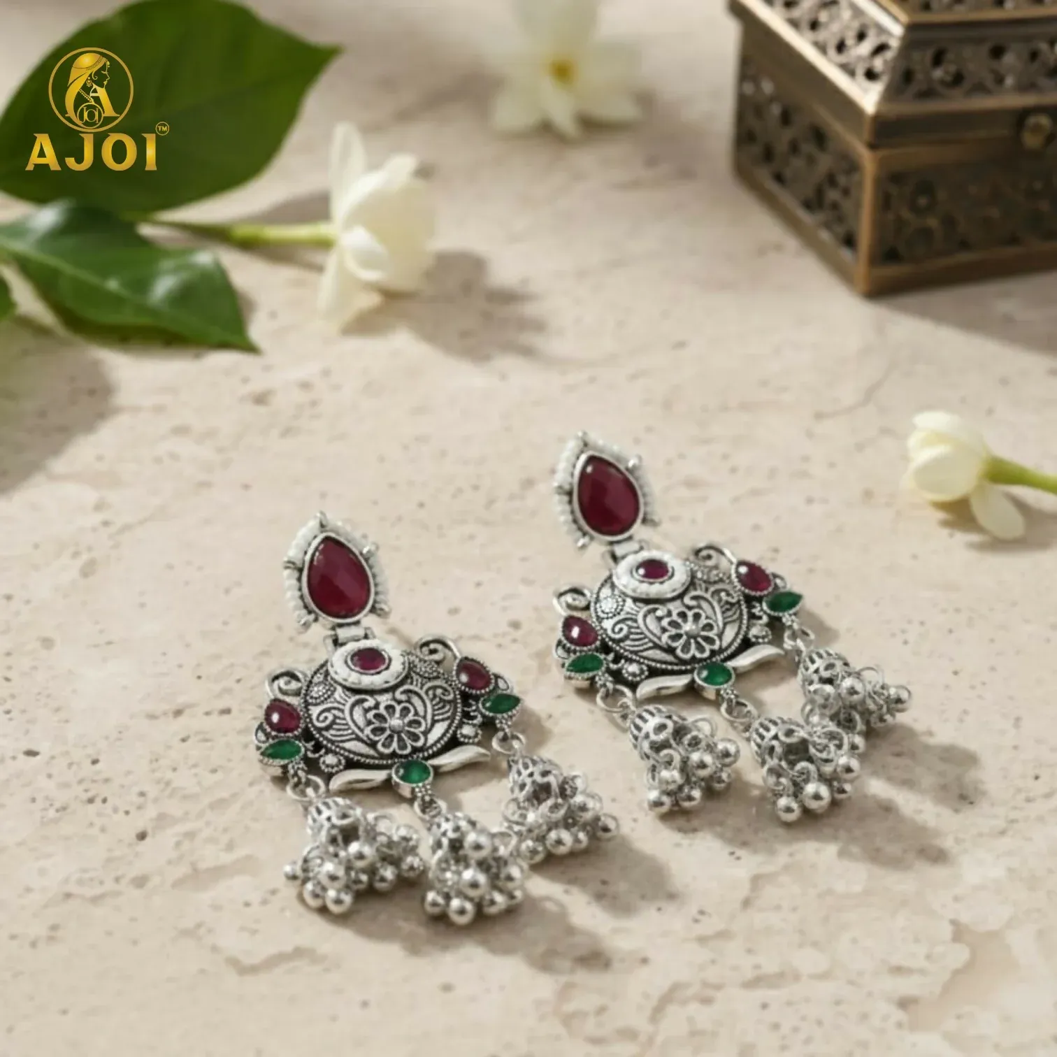 Ruby Chandbali Earrings – Ethnic Designer Jhumka with Pearls - Detailed Feature View 6