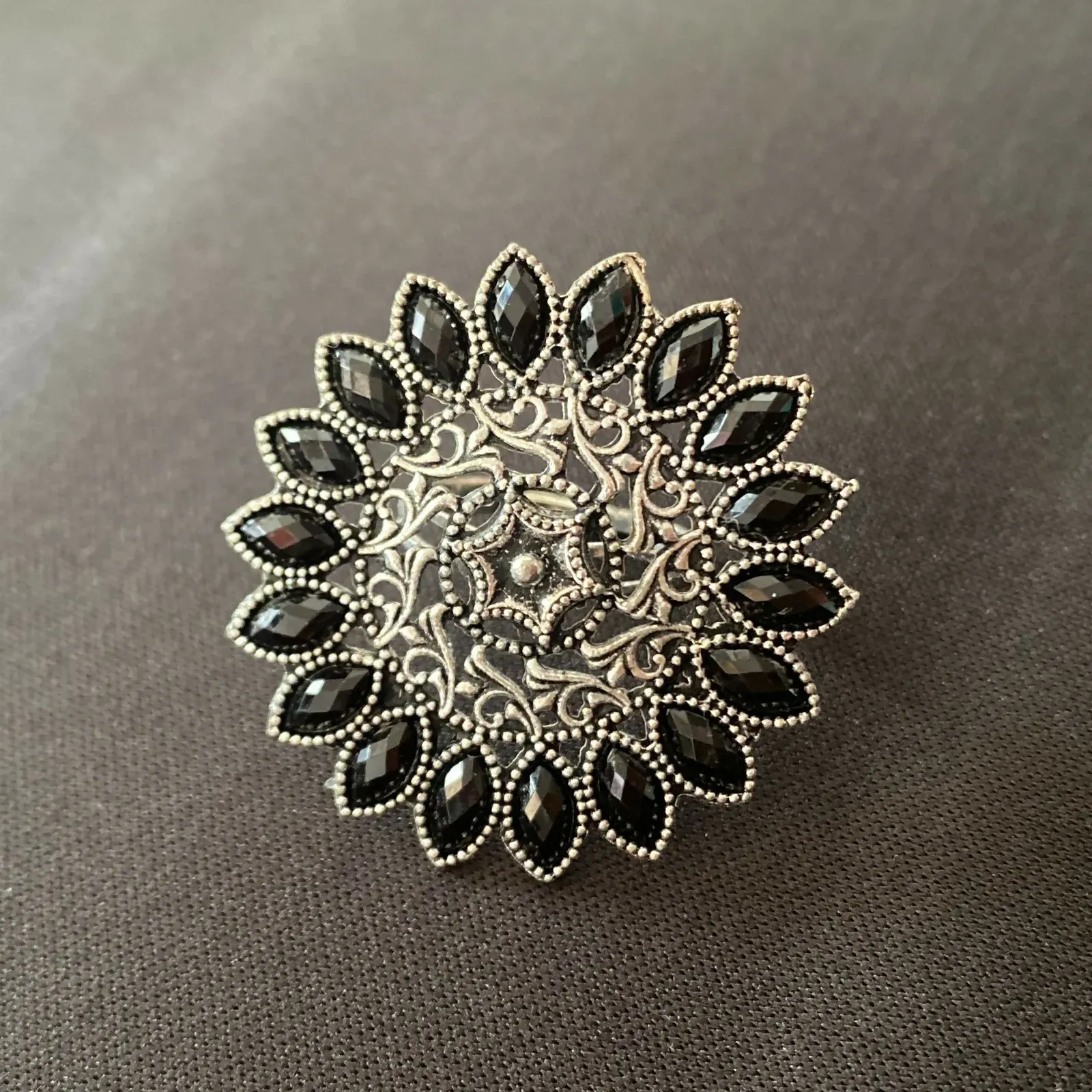 Black Beaded Floral Adjustable Finger Ring – Ethnic & Festive - Detailed Feature View 3