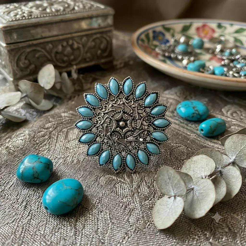 Premium Vintage Turquoise Floral Statement Ring for Women | Elegant Party Jewellery - Buy Online at Alikart