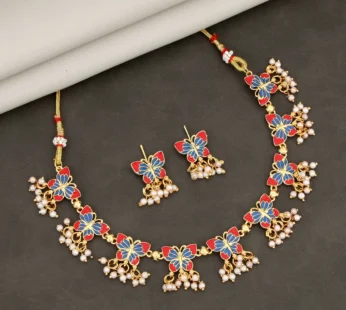 Butterfly Choker Set – Vibrant Red & Blue Enamel with Pearls