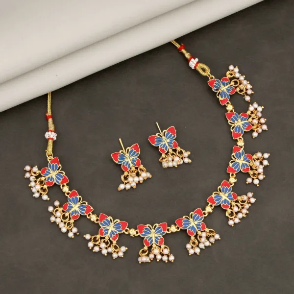 Butterfly Choker Set – Vibrant Red & Blue Enamel with Pearls