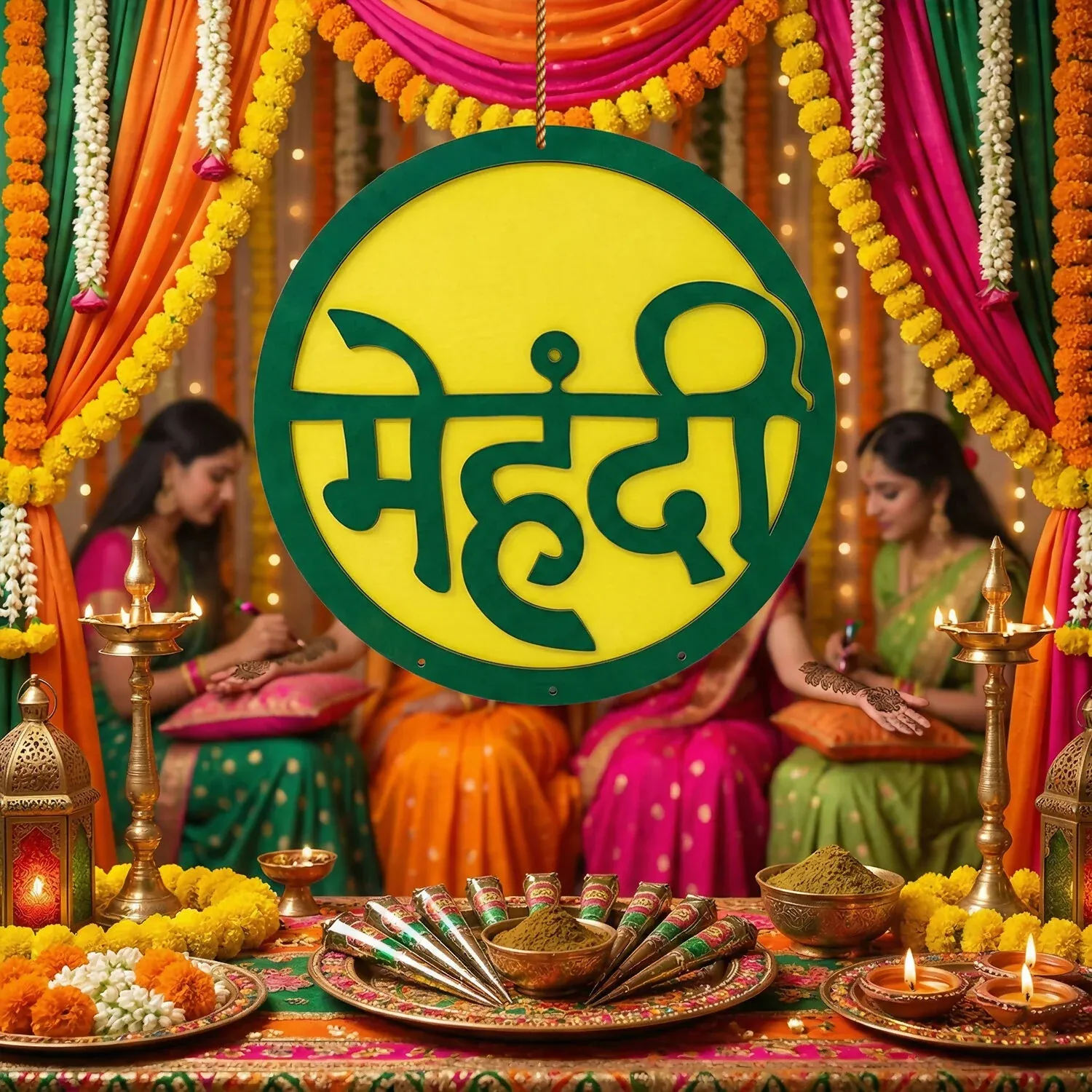 Mehendi Ceremony Wall Hanging – Green & Yellow Hindi Decor - Detailed Feature View 1