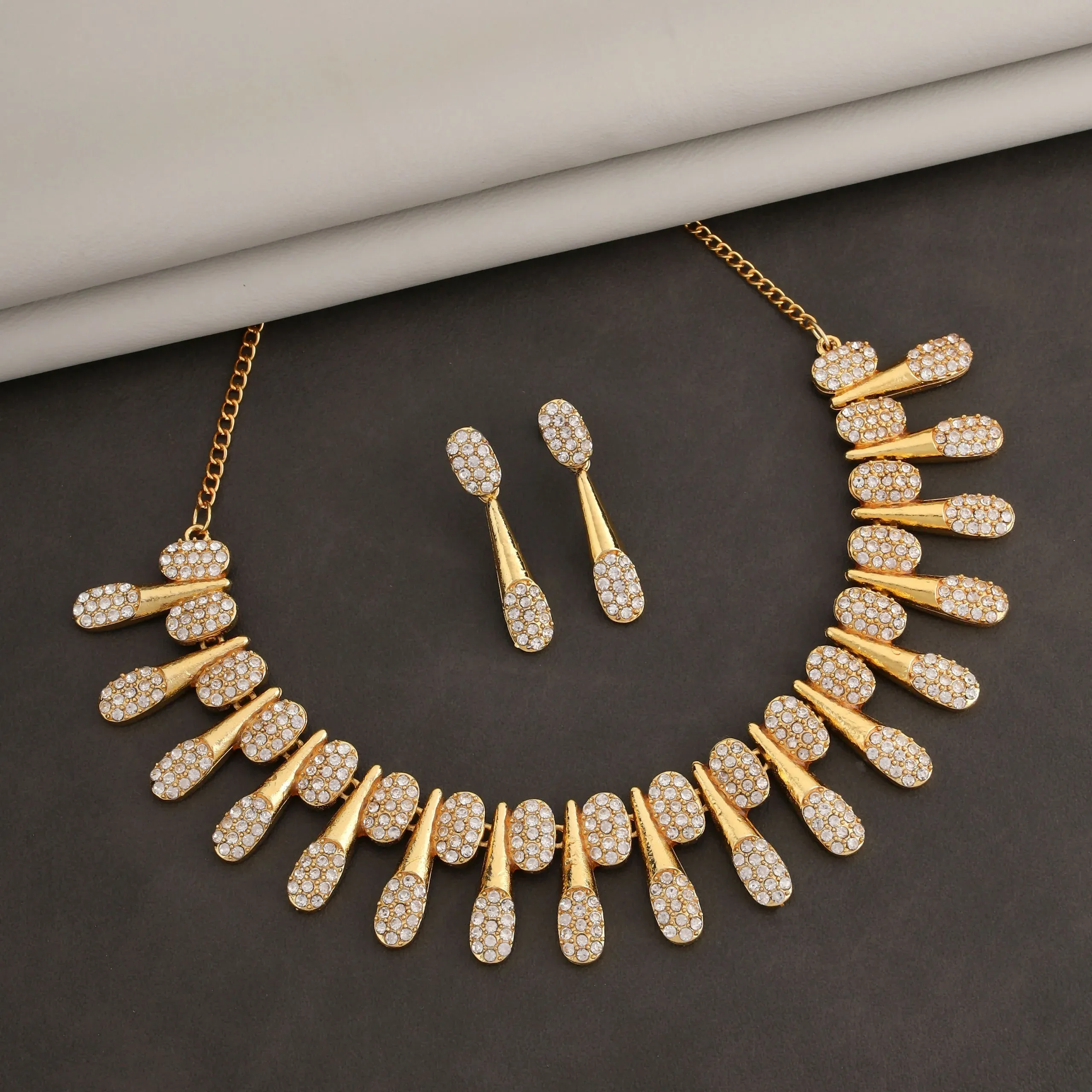 Premium Gold-Toned American Diamond Tassel Necklace Set – Sparkling Elegance - Buy Online at Alikart