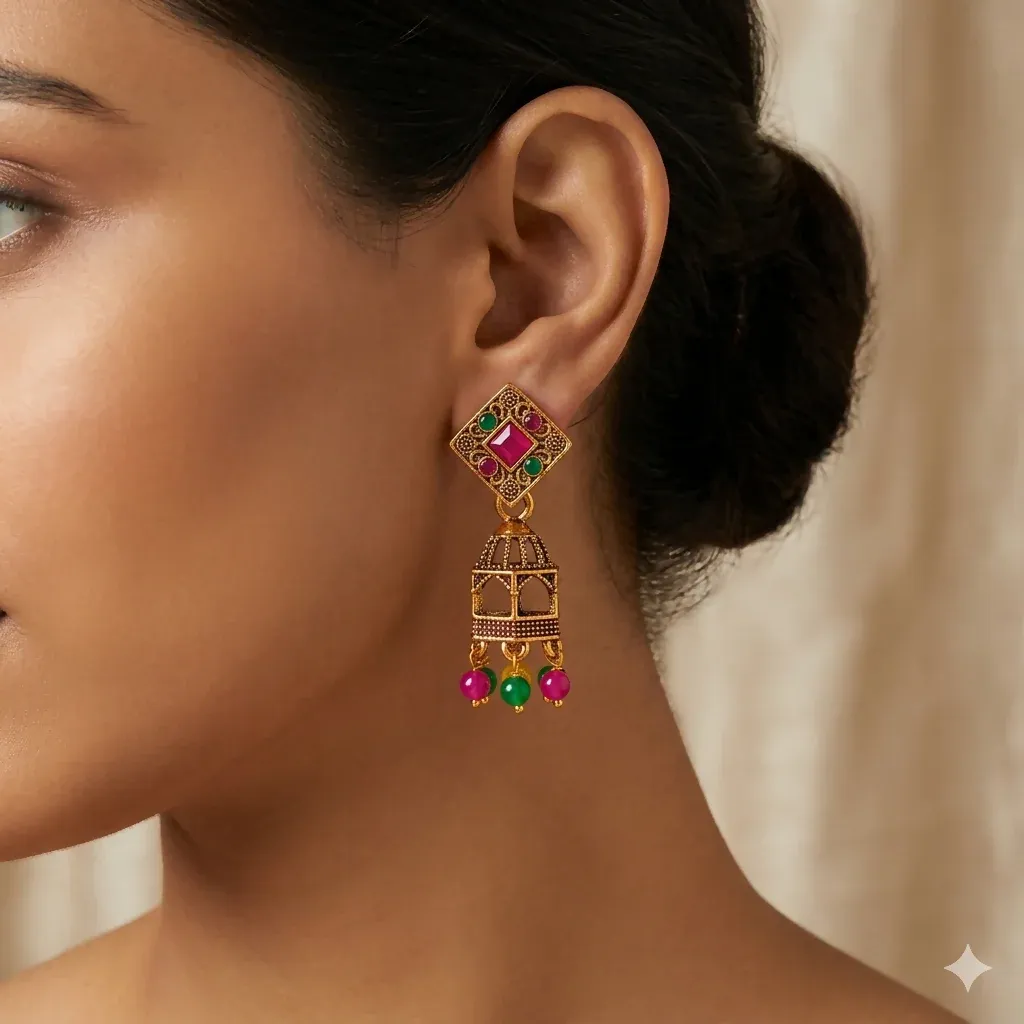 Traditional Antique Gold-Plated Square Geometric Cage Jhumka Earrings - Detailed Feature View 1