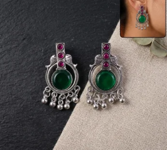 Antique Silver Earrings – Elegant Festive Accessory with Green & Pink Stones