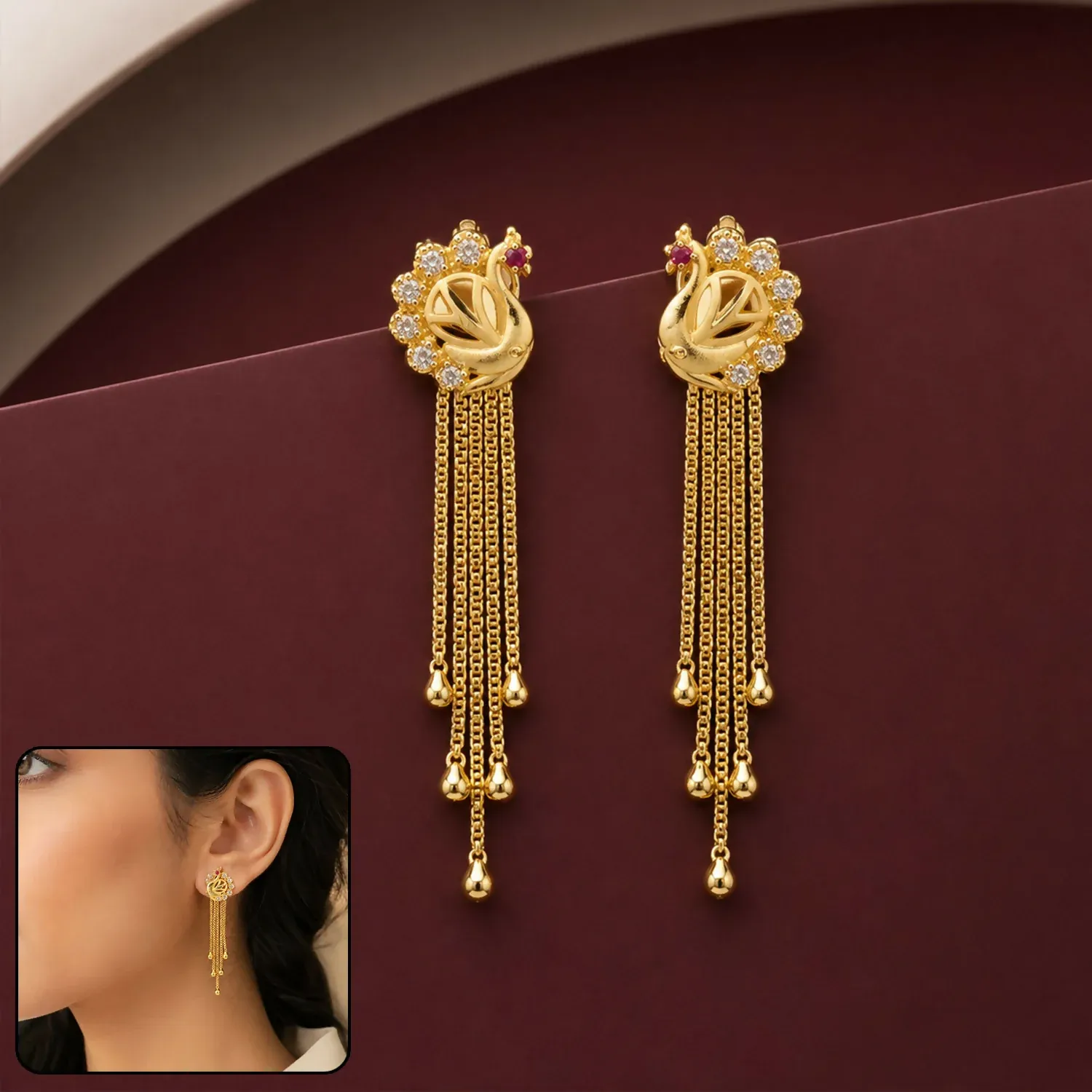 Premium Gold Royal Peacock Dangle Earrings with Multi-Strand Chain Tassels... - Buy Online at Alikart